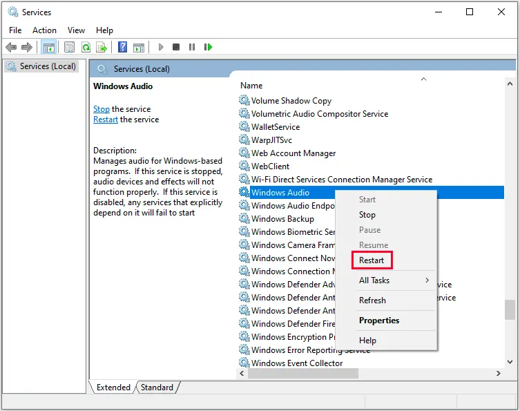 Restart Windows Audio Services