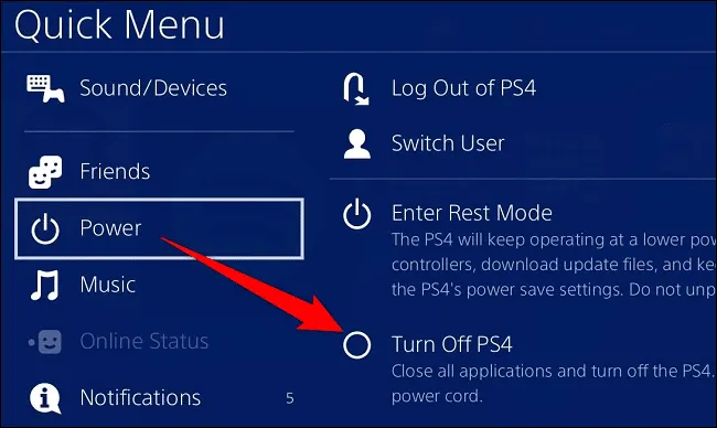 turn off ps4 using quick menu