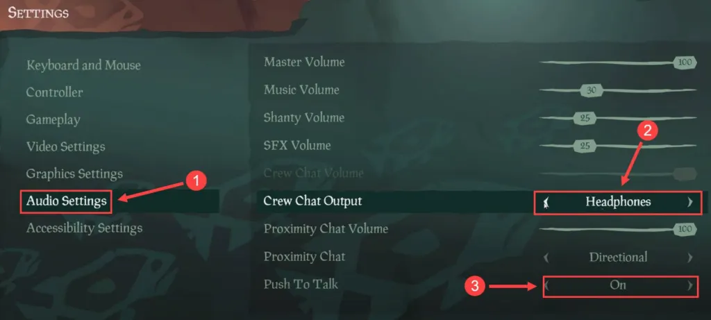 Sea of Thieves in game audio settings